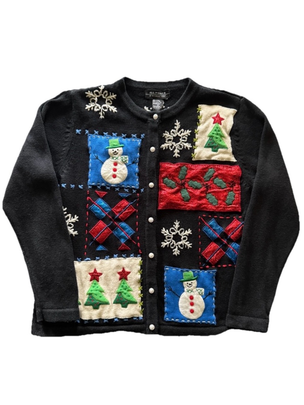 All Points Ugly Christmas Sweater Cardigan M Snowman Patchwork Black
